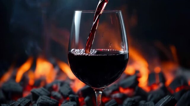 Red wine filling a glass with glowing fire and charcoal background evoking warmth and dramatic contrast