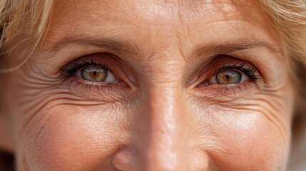 Close up of middle aged woman's eyes with brown irises and deep smile lines, natural expressive portrait