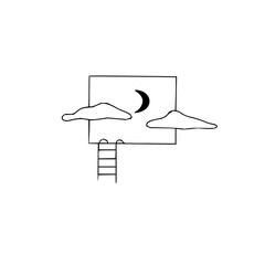 Dreamlike scene with a ladder reaching towards a crescent moon and clouds, evoking imagination and aspiration