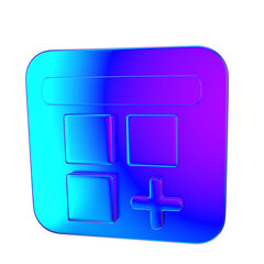 Obraz premium A vibrant, glossy, 3D rendering of an interface icon, featuring a stylized calculator-like grid with a plus sign, showcasing a gradient of bright blues and purples.