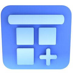 Fototapeta premium A light-blue, three-dimensional icon shows a grid of squares and a plus sign, evoking a user interface element.