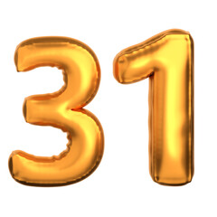 Gold foil balloons form the number thirty-one against a black background.
