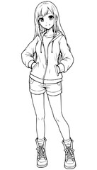 Charming anime girl in casual hoodie and shorts, hands in pockets, radiating youthful energy and playful style, perfect for lifestyle and fashion projects.