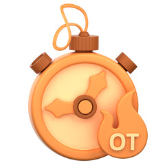 A stylized, 3D stopwatch icon with an orange-tan hue, featuring a small, graphic flame, and the letters OT, set against a black background.