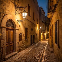 Nighttime view of a narrow cobblestone street illuminated by ornate street lamps and building lights