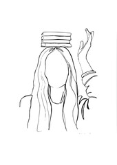 Young woman balances stack of books on her head with one hand raised, symbolizing knowledge and aspiration in a modern artistic style.
