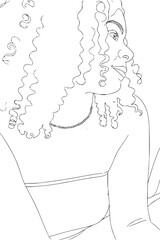 Confident woman with flowing curly hair and elegant necklace, looking thoughtfully into the distance, exuding modern style and personal grace.