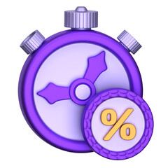 A 3D stopwatch icon overlaid with a percentage symbol, exhibiting a vibrant purple and light-toned design.