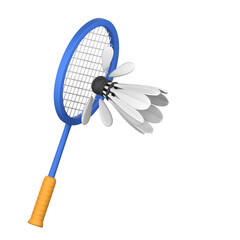 A vibrant blue badminton racket with a bright orange grip holds a white shuttlecock against a plain black background.