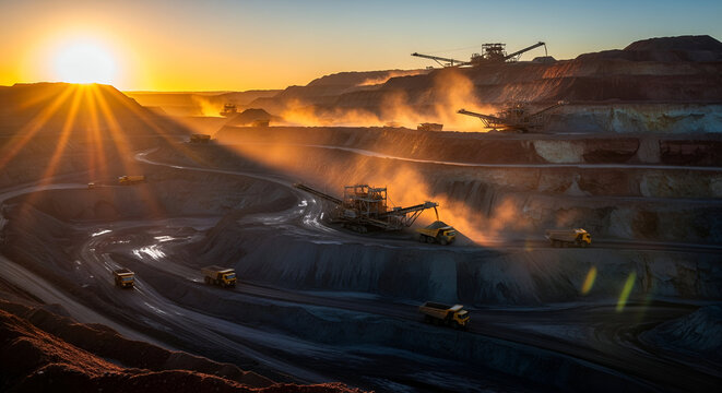 Mining trucks operate in vast open pit mine at sunrise with golden light