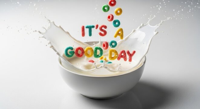 Colorful Cereal Letters Spelling Its A Good Day Splashing Into Milk.