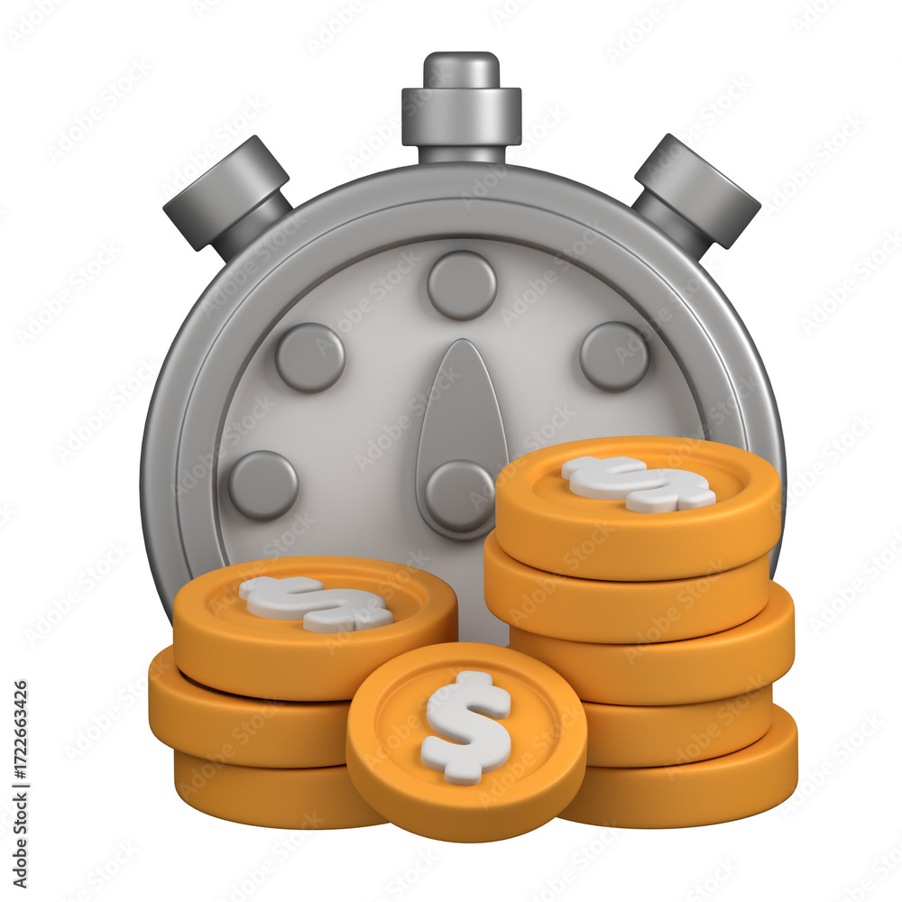 Poster a 3d rendering of a stopwatch with a stack of orange coins, signifying time and money.