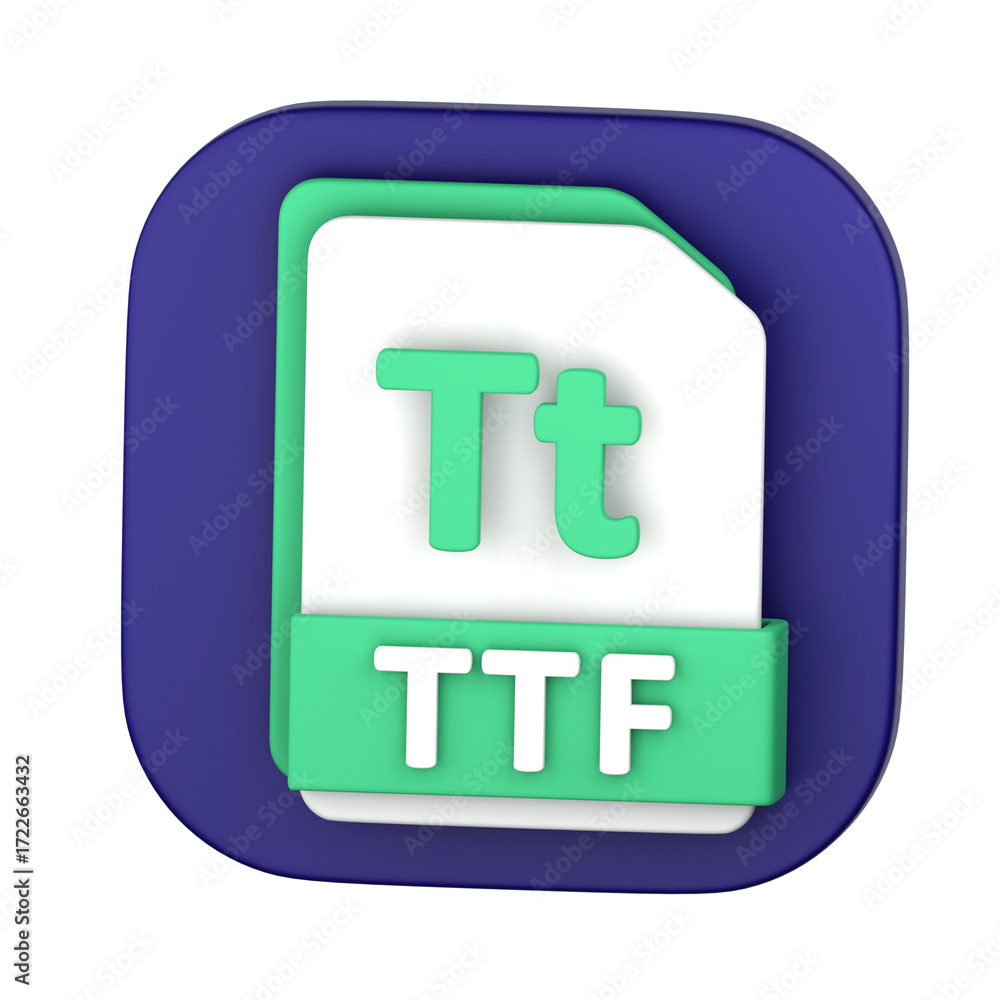 Poster a three-dimensional, stylized icon representing a ttf font file format.