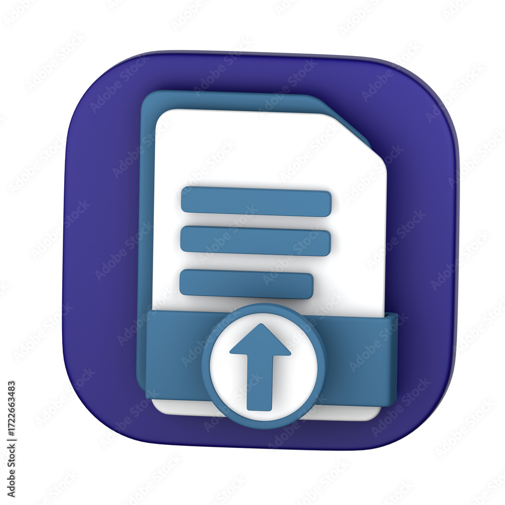 Poster a 3d rendered icon depicting a file with an upward-pointing arrow, representing an upload process. t
