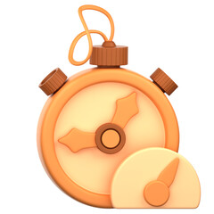 A stylized, 3D stopwatch icon, rendered in warm, peachy orange and brown tones, features intricate clock face details and a separate, smaller sub-component against a black backdrop.