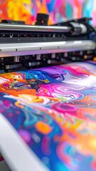 Large-format printer applying a colorful, abstract design onto canvas, viewed from a low angle, showcasing the printing process