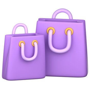 Two cartoon-style shopping bags, vibrant purple, and small yellow accents, are presented against a solid black background.