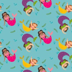seamless pattern of cute cartoon mermaids