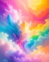 Swirling pastel clouds merge in a vibrant, dreamlike sky. Colors blend seamlessly, creating a whimsical & ethereal atmosphere