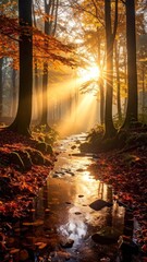 Sun shines through autumn trees, reflects in a creek with rocks, leaves scattered around trunks. The forest glistens warmly in morning light