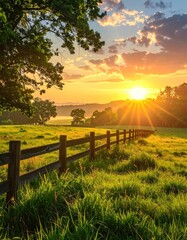 Golden sun rises over a green field bordered by a rustic fence, with a tree framing the scene and clouds streaking across the sky
