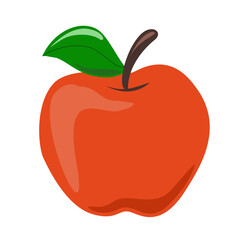 Bright red apple illustration with green leaf and stem. Simple, clean clipart design ideal for food, nutrition, healthy lifestyle, and educational concepts.