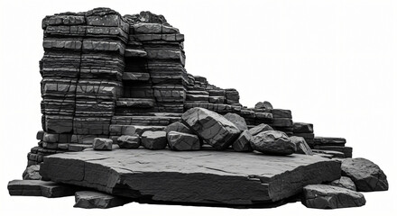 Dramatic Black And White Rock Formation Isolated On White Background Ancient Texture Study
