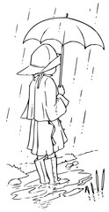 Child in rain boots and hat holding umbrella splashing in puddles during a cheerful downpour, evoking carefree childhood joy and outdoor adventure.