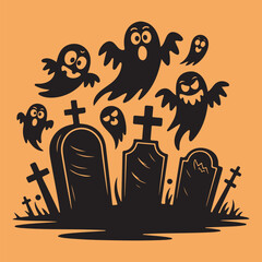 Silhouette ghosts and tombstones vector art illustration on color background.