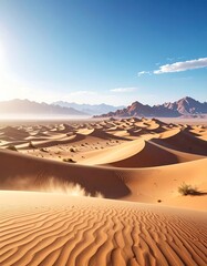 Sweeping desert scene showcasing rippled sand dunes under a blue sky with distant mountains, bathed in warm sunlight, conveying vastness