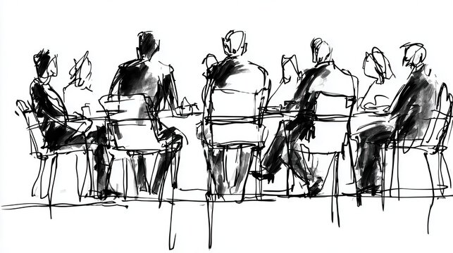 Sketch of people seated at a table.