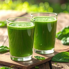 Two full glasses of vibrant green smoothie sit on a rustic wooden board with spinach leaves, bright bokeh background