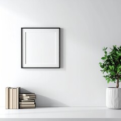 Simple room setting showcasing blank square frame above books & plant on clean white shelf against bright, plain wall. Modern, minimalist style
