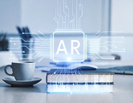 AR overlay on desk setting coffee, book, mouse. Futuristic tech concept with glowing elements, soft light, and circuit patterns - Powered by Adobe