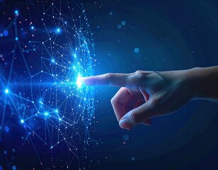 A hand touches a glowing, interconnected web of points and lines, creating a visual representation of connectivity against a dark blue gradient