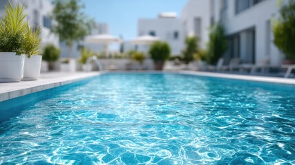 Fototapeta premium Serene Blue Swimming Pool at Luxury Resort with White Buildings and Clear Sky in Sunny Day