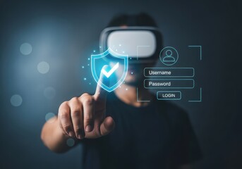 Fototapeta premium Man wearing VR headset interacting with digital security interface and login screen virtual reality