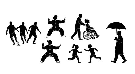 Diverse Community Activities Vector Illustration Showcasing Sports, Wellness, Assistance, and Daily Life. Ideal for promoting community engagement, social awareness, and inclusive lifestyle.