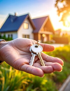 Hand holding house keys in front of a home at sunset