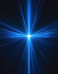 A radiant starburst glows against dark backdrop, emitting blue beams in all directions, creating a cosmic and luminous effect