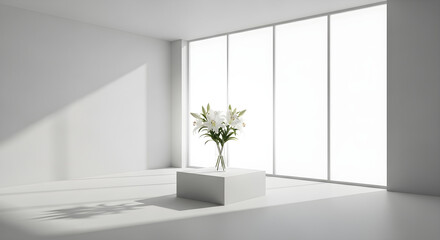 Fototapeta premium A vase of white flowers on a pedestal near large windows with sunlight streaming in — elegant, bright, minimalist interior