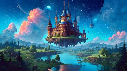 Fantasy castle on floating island surrounded by clouds and blue sky in a magical landscape