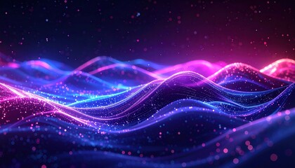 Abstract wavy surface. Illuminated particles cascade down, blending blues and pinks. Subtle waves create depth and motion in a dark background