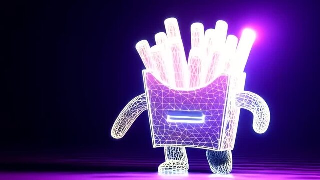 Neon french fries cartoon character, abstract animation, vibrant and playful design with modern glow