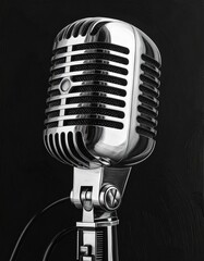 Classic metallic microphone against a dark backdrop, evoking vintage vibes and showcasing intricate details of its design and shiny surface