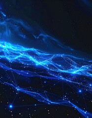 Abstract blue network with stars and nebulae. Interconnected dots create a futuristic, technology-driven backdrop. Wavy, ethereal glow