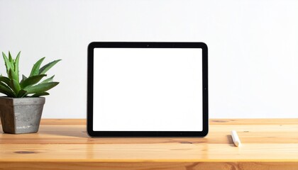 Fototapeta premium Tablet with blank screen rests on wood desk next to a potted plant and stylus pen, against a white wall backdrop, creating a clean workspace