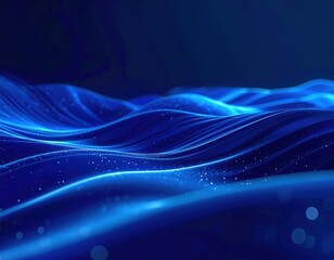 Abstract rippling blue waves with subtle bokeh against a dark gradient background. Flowing curves and blurred details create a sense of depth