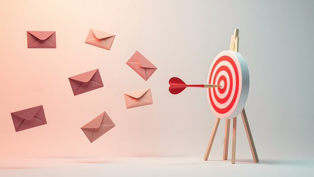 A target with a dart hitting the center surrounded by floating envelopes