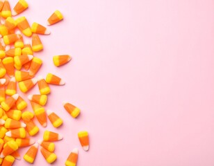 Pastel pink background with candy corn border. Cute pastel pink background with candy corn scattered on side, empty space for design, text, or mockup.